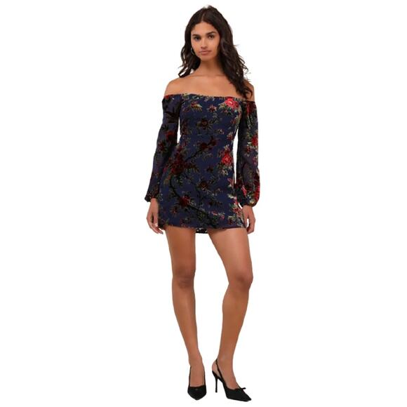 Lulus Magnificent Charm Navy Floral Burnout Velvet Off-the-Shoulder Dress Siz S - Picture 8 of 12
